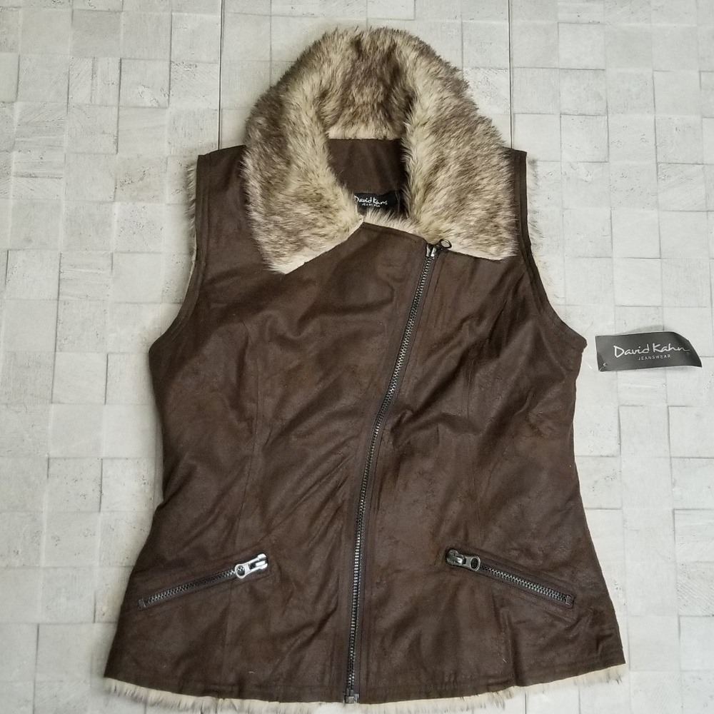 NWT David Kahn Vegan Suede Vest - Faux Fur Trim